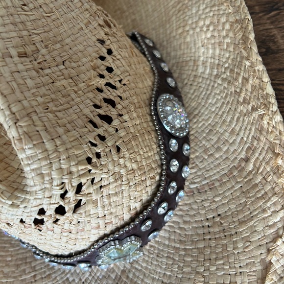 Western Cowgirl Raffa Straw Hat Band Rhinestone Cross Y2K Cowboy Boho Medium - Picture 4 of 11